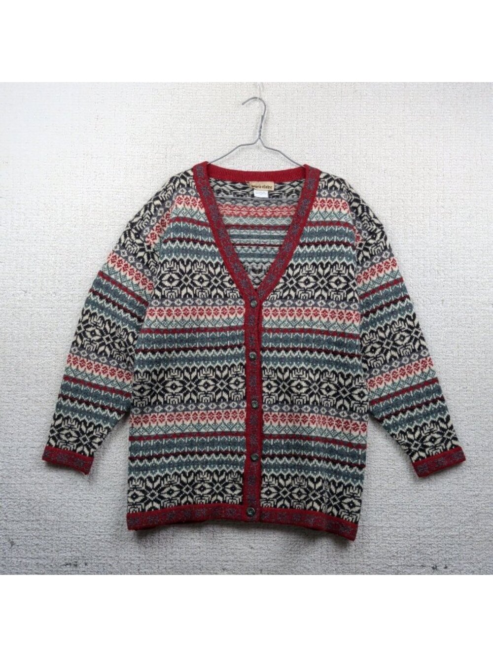 Vintage 90's Faire Isle Wool Button Cardigan Sweater Nordic Cabin Boho Wom Sz L